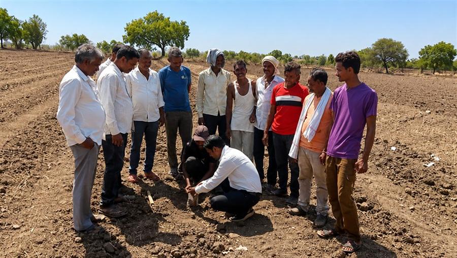 Dilasa field staff demonstrating sowing technique to a group of farmers